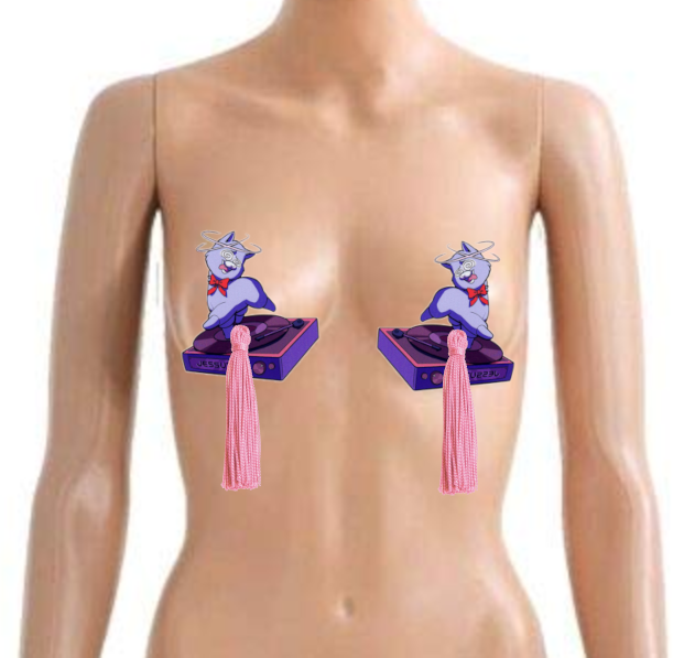 Mannequin wearing pasties that are an image of Dizzy the alpaca with pink tassles hanging off